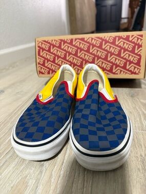 Vans Slip-On Checkerboard in Navy, Royal Blue, Yellow & Red
